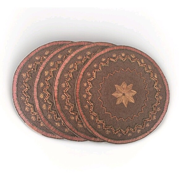 Other - Set of 4 Kim Seybert Beaded Round Placemats Brown Boho Floral 15”